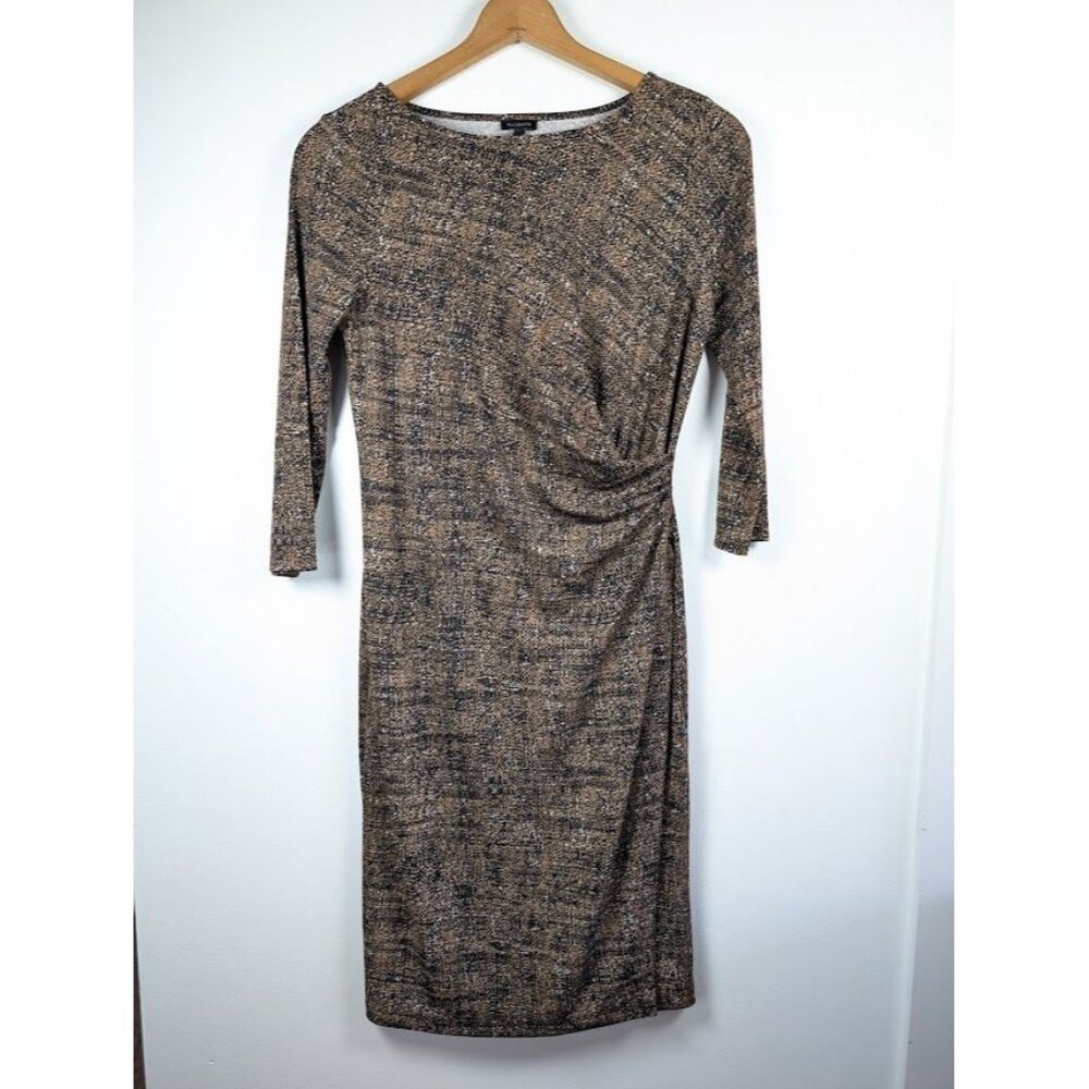 Talbots Dress Size Medium Faux Wrap Knee Length Stretch Ruched 3/4 Sleeve Career
